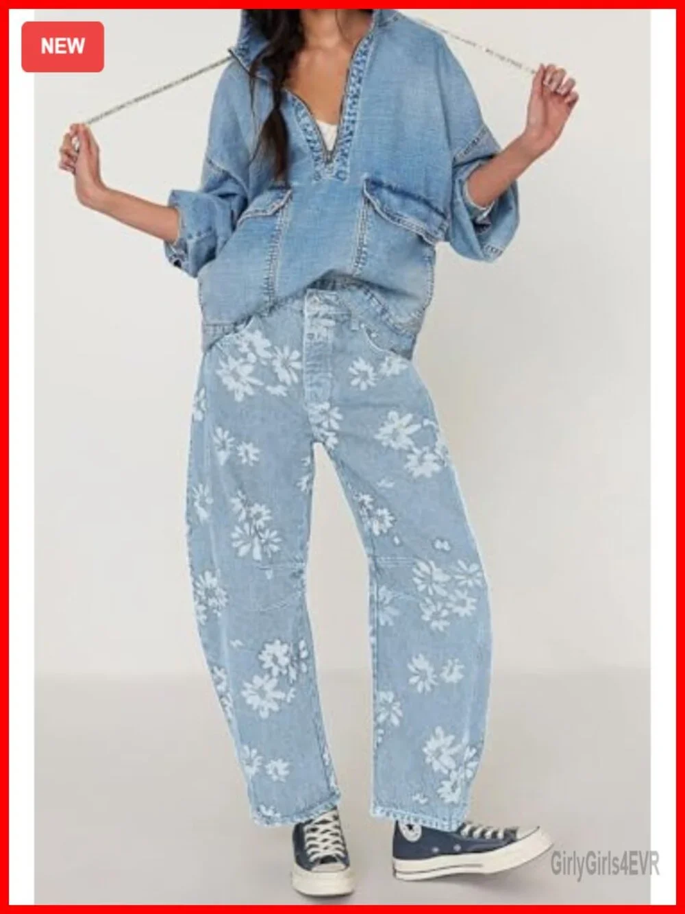Y2K Baggy Barrel Jeans Women Floral Patchwork Wide Leg Denim Pants